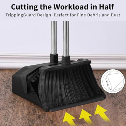 Tiumso Upgrade Broom with Dustpan Combo Set, Broom and Dustpan Set with 51'' Long Handle, Large Upright Brooms and Dust Pans, ZeroGap Lip, Self-Cleaning Dustpan Teeth for Lobby and Restaurant - Black - color: Black