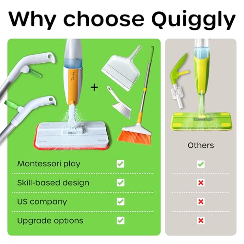 Quiggly Toddler Toy Cleaning Set - Spray Mop, Broom, Dustpan, for Kids 3-5 | Plus brush, two-hand hold & pull, Montessori cleaning 4-piece tool kit - size: Toddler, style: Cleaning Set