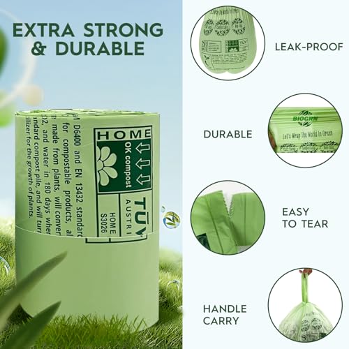 10-13 Gallon Compostable Trash Bags with Handles Tie 30 Bags Biodegradable Garbage Bags Food Scrap Green Waste Bags Thick 0.87 Mil 49.21 Liter ASTM D6400, US BPI and OK Compost Home Certified - color: 13 Gal, Handles Bags, 30 Count