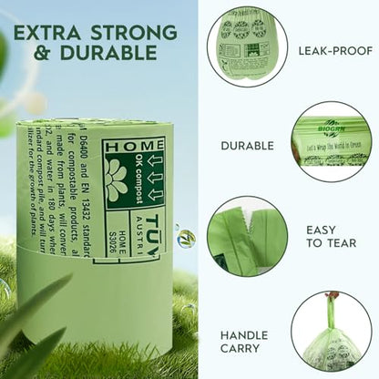10-13 Gallon Compostable Trash Bags with Handles Tie 30 Bags Biodegradable Garbage Bags Food Scrap Green Waste Bags Thick 0.87 Mil 49.21 Liter ASTM D6400, US BPI and OK Compost Home Certified - color: 13 Gal, Handles Bags, 30 Count