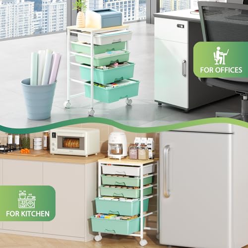 Goovilla Rolling Cart with Drawers, Utility Cart Organizer With 5 Removable Drawers and Wooden Tabletop, Lockable Rolling Storage Organizer for Art, Classroom, Home, Dorm, Office, Craft Storage, Green - size: Green
