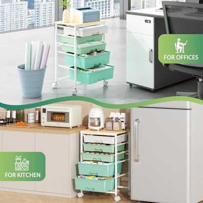 Goovilla Rolling Cart with Drawers, Utility Cart Organizer With 5 Removable Drawers and Wooden Tabletop, Lockable Rolling Storage Organizer for Art, Classroom, Home, Dorm, Office, Craft Storage, Green - size: Green