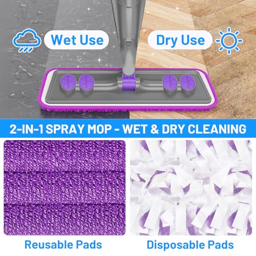 Spray Mop for Floor Cleaning with 2 Washable + 2 Disposable Pads & 520ML Refillable Bottle Bundles