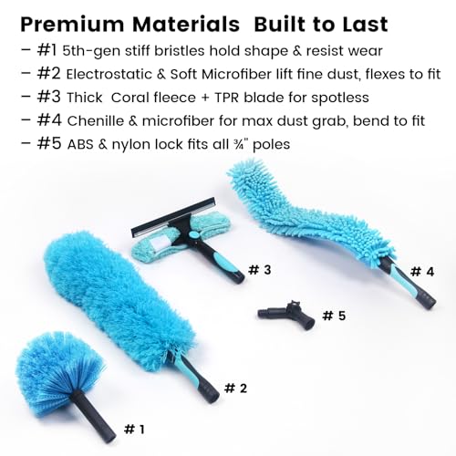 Ceiling Fan Duster Kit - 5-in-1 Cobweb Feather Duster & Squeegee Heads - Washable Bendable Microfiber - Fits Standard 3/4" Pole, Blue - size: 5PC-kit1
