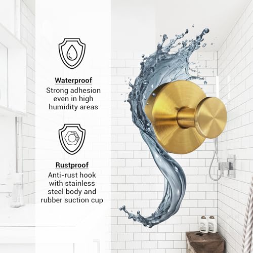 Suction Cup Hooks for Shower - 2 Pack, Gold - Stainless Steel, Strong Suction, No Drill, Removable Hanger, Tile Bathroom Kitchen Wall, Glass Door, Mirror Hook Hanging Robe, Towel Holder - color: Gold