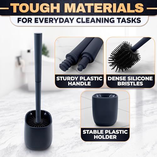 Toilet Brush and Holder Set - Silicone Toilet Bowl Brush with Black Holder Base, Compact Bath Accessory for Small Spaces - Easy to Place and Simple to Store After Use, Plastic Bathroom Cleaning Tool - color: Black