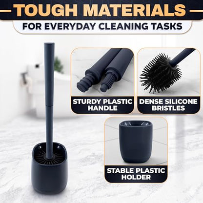 Toilet Brush and Holder Set - Silicone Toilet Bowl Brush with Black Holder Base, Compact Bath Accessory for Small Spaces - Easy to Place and Simple to Store After Use, Plastic Bathroom Cleaning Tool - color: Black