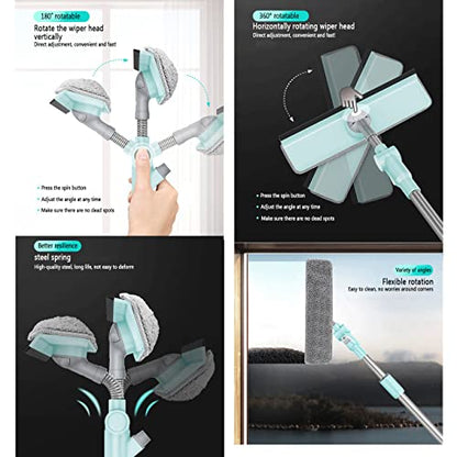 Window Cleaner Tool Kit with Telescopic U Shaped Pole,Squeegee for Window Washing,Water Sprayable,Rotatable Cleaning Head,Clean Inside and Outside Windows Without Leaving Dead Ends