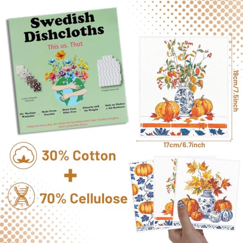 Fall Swedish Dishcloths for Kitchen, 6 Pack Blue-and-White Porcelain Reusable Cellulose Sponge Paper Towels Washable, Fast Drying Swedish Dish Cloth for Home Cleaning - style: Blue-and-White Porcelain