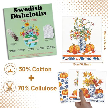 Fall Swedish Dishcloths for Kitchen, 6 Pack Blue-and-White Porcelain Reusable Cellulose Sponge Paper Towels Washable, Fast Drying Swedish Dish Cloth for Home Cleaning - style: Blue-and-White Porcelain