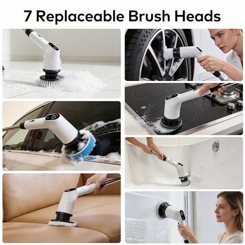 Electric Spin Scrubber, Cordless Cleaning Brush with 7 Replaceable Brush Heads, IPX7 Waterproof Power Scrubber 3 Adjustable Sizes & 3 Speeds for Bathroom Bathtub Kitchen Car Tile Cleaning