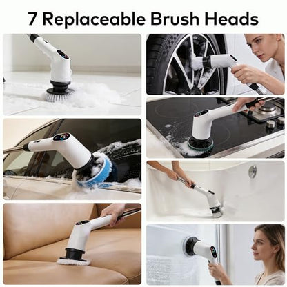 Electric Spin Scrubber, Cordless Cleaning Brush with 7 Replaceable Brush Heads, IPX7 Waterproof Power Scrubber 3 Adjustable Sizes & 3 Speeds for Bathroom Bathtub Kitchen Car Tile Cleaning