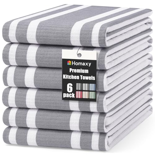 Homaxy Premium Kitchen Towels 18”x 28”, Large Cotton 380 GSM Kitchen Hand Towels, Stripe and Terry Dish Towel, Highly Absorbent Tea Towel Set with Hanging Loop, 6 Pack, Grey - color: Grey Stripe, style: 6-pack