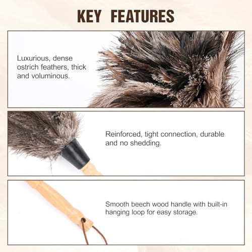 2pcs Ostrich Feather Dusters，Reusable Feather Duster with Wood Handle, Ostrich Feather Dusters for Cleaning, Office, Home, Car(Length13”