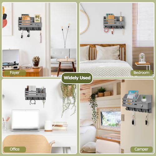 Key Holder Wall Mount, Wooden Adhesive Mail and Key Organizer with Drawer, Small Shelf, 8 Hooks, 2 Installation Methods, Gray - color: Gray