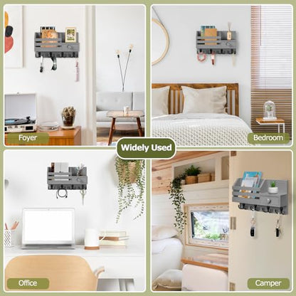 Key Holder Wall Mount, Wooden Adhesive Mail and Key Organizer with Drawer, Small Shelf, 8 Hooks, 2 Installation Methods, Gray - color: Gray