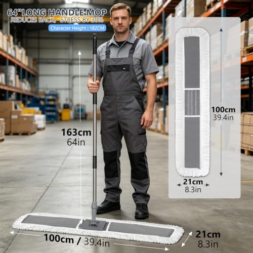 Masthome Commercial Dust Mop, 39" Microfiber Floor Mop with 64" Adjustable Handle, Total 2 Reusable Pads, 360° Swivel Wet Dry Mops for Hardwood Tile Marble Laminate Home Hotel Office Warehouse - color: Extra Large Grey