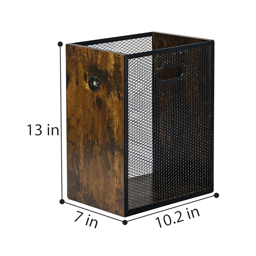 Office Trash Can 4.5 Gallon, Metal Mesh and Wood Combination Small Garbage Can, Rectangular Waste Basket with Handle, Industrial Trashcan for Home Office, Bedroom, Living Room