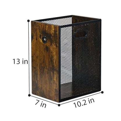 Office Trash Can 4.5 Gallon, Metal Mesh and Wood Combination Small Garbage Can, Rectangular Waste Basket with Handle, Industrial Trashcan for Home Office, Bedroom, Living Room