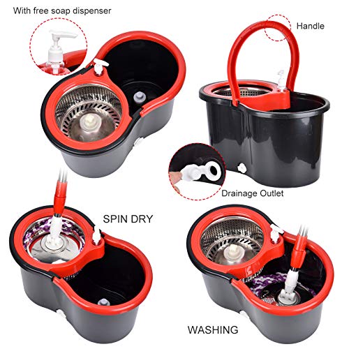 Mop and Bucket Set, 360° Spin Mop and Bucket with Wringer Set and 3 Microfiber Mop Refills, Stainless Steel 61" Extended Handle Spinning Mop Bucket System for Floor Cleaning - color: Black-1