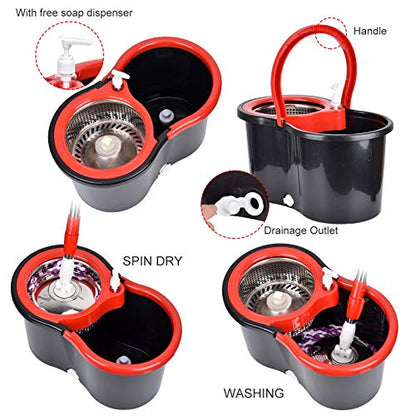Mop and Bucket Set, 360° Spin Mop and Bucket with Wringer Set and 3 Microfiber Mop Refills, Stainless Steel 61" Extended Handle Spinning Mop Bucket System for Floor Cleaning - color: Black-1