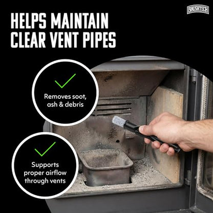 Brushtech Pellet Stove Cleaning Brush Kit - 10-Foot Non-Kinking Spring Brush for 3-Inch Vent Pipes with Bonus Steel Ash Brush - Safe Airflow Maintenance for Stove Pipes