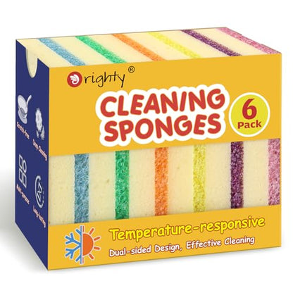 Orighty Dish Sponges, Dual-Sided Temperature-Responsive Kitchen Sponges, Non-Scratch Cleaning Sponge, Dish Scrubber, Scrub Sponge for Kitchen, Bathroom & Household, 6 Pack