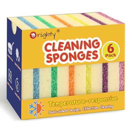 Orighty Dish Sponges, Dual-Sided Temperature-Responsive Kitchen Sponges, Non-Scratch Cleaning Sponge, Dish Scrubber, Scrub Sponge for Kitchen, Bathroom & Household, 6 Pack