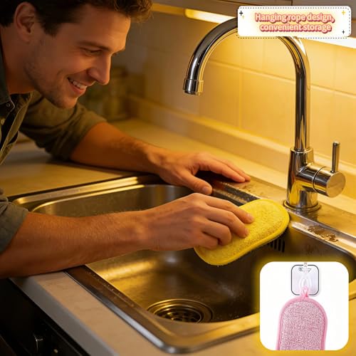 Dual-Sided Kitchen Scrubbing Sponges, Heavy Duty Non-Scratch Cleaning Sponges, Extra Thick Dual-Sided Sponge with Hooks – Lint-Free & Durable for Pots, Pans, Glass, Stainless Steel & Grills