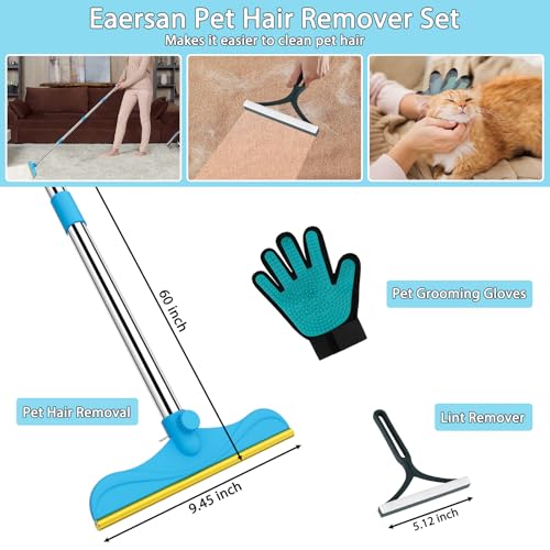 3 in 1 Carpet Rake for Pet Hair Removal, 60” Adjustable Long Handle Pet Hair Remover, Tool Set of 3, Reusable Carpet Scraper Dog Cat Pet Hair Removal Broom for Carpets, Car Mat, Pet Bed, Rugs