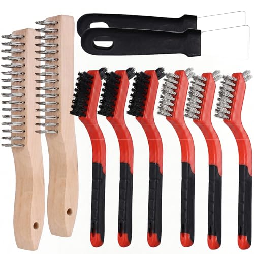 10-Piece Wire Brush Set - Heavy Duty Scratch Brushes with Stainless Steel & Nylon Bristles, Includes 2 Wood Handle Brushes and 2 Metal Scrapers for Welding Slag, Paint & BBQ - size: 10Pcs-Wire