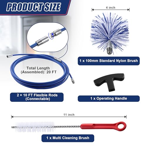Dreyoo Pellet Stove Cleaning Brush Kit, 20 FT Flexible Steel Rod with 4" Brush Head, T Handle, Multi Purpose Flue Detail Cleaner, Nylon Stove Flue Pipe Kit for Pellet Furnace Exhaust Pipes - size: 20FT with 4" Brush Head