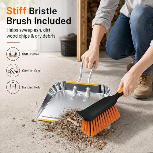17" Heavy Duty Metal Dust Pan with Brush Set, Large Wide Mouth Dustpan with Stiff Bristle Cleaning Brush for Garage, Yard, Fireplace Ash, Wood Stove, Workshop and Outdoor Cleanup, Silver - size: 1 Count (Pack of 1) with Brush