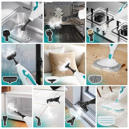10-in-1 Steam Mop, 1550W Detachable Handheld Steam Cleaner with 350ML Tank for Floor Cleaning, 16FT Power Cable, 2 Washable Pads, Multi-Purpose Steamer for Hardwood, Carpet, Tile, Windows,Cyan