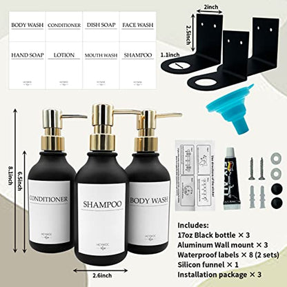 Shampoo Dispenser for Shower Wall, Shampoo and Conditioner Dispenser with 16 Waterproof Labels, No Drill Shower Soap Dispenser Bathroom, Shower Soap Dispenser Wall Mounted,17oz, 3 Pack, Gold Black - color: 1-black Bottle + Gold Pump