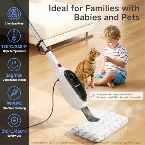SIMPLUS Steam Mop, 8-in-1 Steam Cleaner, 17S Heat Up, Floor Steamer Double-Sided Flip Design, Suitable for Kitchen, Bathroom, Wood Floor, Tile, Windows, Clothes, Whole Home Cleaning
