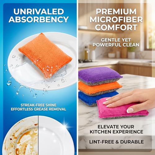 Non Scratch Microfiber Dish Scrubber - Kitchen Sponges 8 Pack Double-Sided Heavy Duty Dish Scrubber with High Density Foam for Washing Dishes, Pots & Sink Cleaning Reusable Sponge Set 4 Colors