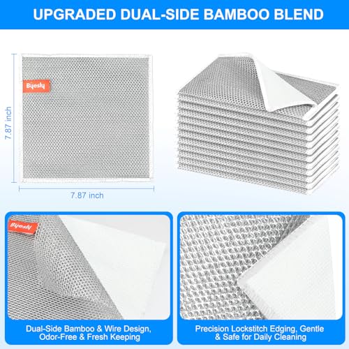 Non-Scratch Silver Mesh Dish Cloths, 12+1 Pack Bamboo Fiber & Wire Metallic Fiber Cleaning Cloths for Kitchen, Diamond Weave Scrubber Pads for Dishes, Sinks & Cookware (7.87x7.87 Inches) - style: Bamboo & Silver Mesh