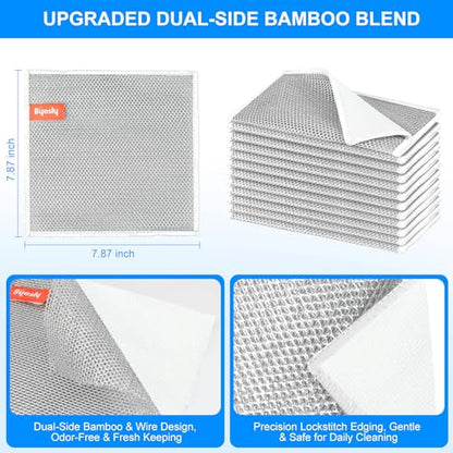 Non-Scratch Silver Mesh Dish Cloths, 12+1 Pack Bamboo Fiber & Wire Metallic Fiber Cleaning Cloths for Kitchen, Diamond Weave Scrubber Pads for Dishes, Sinks & Cookware (7.87x7.87 Inches) - style: Bamboo & Silver Mesh