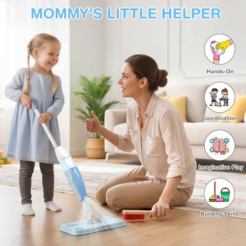 Dreamon Wooden Toddler Cleaning Set - 10Pcs Kids Cleaning Toy Set with Real Working Kids Spray Mop, Montessori Cleaning Toys with Broom and Mop Set for Toddlers Girls Boys Age 3-6 - color: Wooden