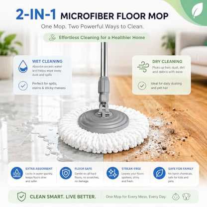 2026 Upgraded Gen 2 Spin Mop and Bucket Set with 4 Swivel Wheels for Easy Rolling, Separates Clean & Dirty Water, Floor Mop with 6 Washable Mop Heads for Wood, Tile, Vinyl, Baseboards - Grey/Blue - size: Grey/Blue Mop Bucket + 6 Extra Refill