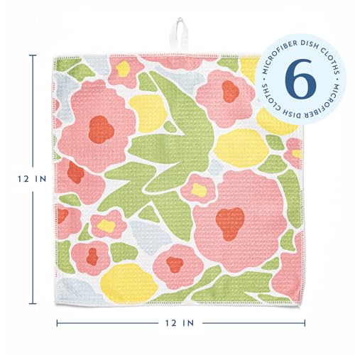 ELYN Microfiber Kitchen Dish Cloth Set, Quick-Dry & Absorbent Waffle Weave Cleaning Towels, Set of 6 Wash Cloths, Paper Towels & Sponge Alternative (Bold Floral & Geo) - color: Bold Floral & Geo, style: Dish Cloth - 6 Pack