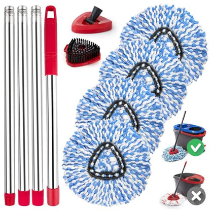 Spin Mop Replacement Head for O Cedar 2 Tank RinseClean, 4 Microfiber mop Refill, 1 Scrub Brush, 1 Mop Stick, 1 Mops Base, Deep Cleaning, 30" to 58" Mop Handle Replacement - size: 4+3 Mop Set(2 Tanks System)