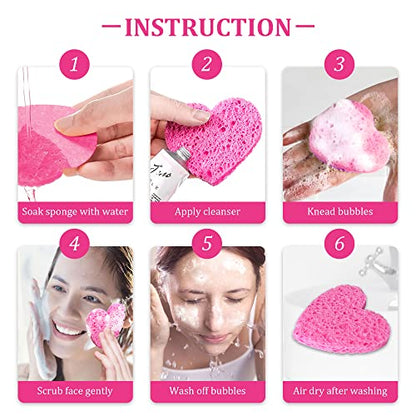120-Count Kickleen Compressed Cellulose Heart Shape Facial Sponges | Natural Cosmetic Spa Sponges for Facial Cleansing | Exfoliating | Makeup Mask Removal | Reusable | Skin Massage (120 Count (Pink)) - color: 120 Count (Pink)