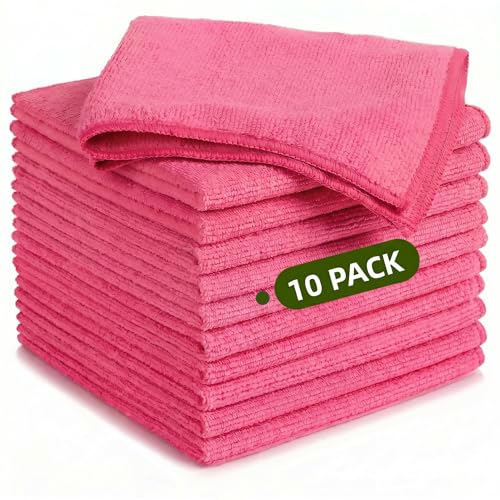 Microfiber Cleaning Cloth 10 Pack, 9.8 x 9.8 Inch Towels, Ultra Absorbent & Lint-Free, Streak-Free Rags for Car, Kitchen, Window & Household, Reusable Washable Cleaning Cloths (Pink) - color: Pink