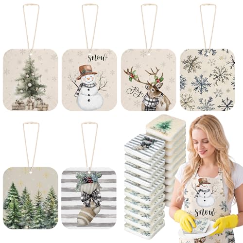 Hahafelt 36 Counts Compressed Cellulose Sponges Bulk Pop up Farmhouse Christmas Pattern Natural Kitchen Compostable Non Scratch Dish Sponges for Washing Dishes, Cleaning Countertop Sink - style: Farmhouse Christmas