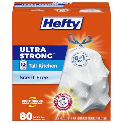 Hefty Ultra Strong 13 Gallon Trash Bags, Tall Kitchen Trash Bags 13 Gallon Size, Drawstring Closure, Continuous Odor Control, White, Unscented, 80 Bags - size: 80 Count (Pack of 1)