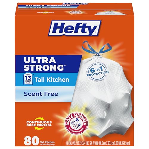 Hefty Ultra Strong 13 Gallon Trash Bags, Tall Kitchen Trash Bags 13 Gallon Size, Drawstring Closure, Continuous Odor Control, White, Unscented, 80 Bags - size: 80 Count (Pack of 1)