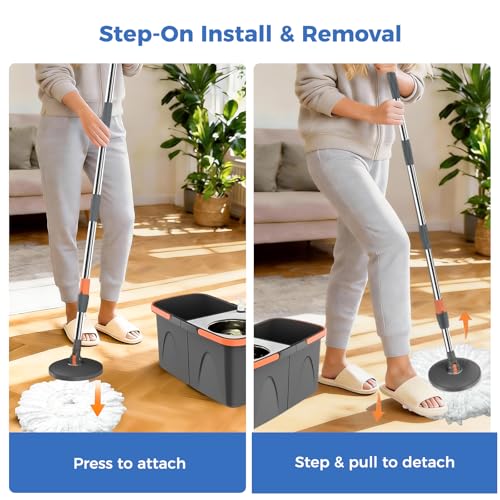 Spin Mop and Bucket Set with Wringer, Stackable Floor Mop System | Hands-Free Wringing, Stackable Storage Bucket, 360° Spin Mop Head, Washable Mop Heads