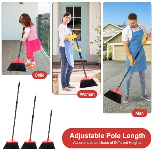 Tiumso Heavy Duty Angle Broom - 55" Adjustable Iron Handle with Stiff Bristles - Commercial-Grade Indoor/Outdoor Broom for Garage, Patio, Kitchen, Sidewalk & Concrete Cleaning (Black & Red) - color: Black and Red